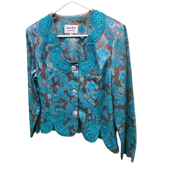 Vintage Nah Nah Collection Blue Embroidered Blazer Jacket Beaded Button Size 12 - Picture 2 of 8